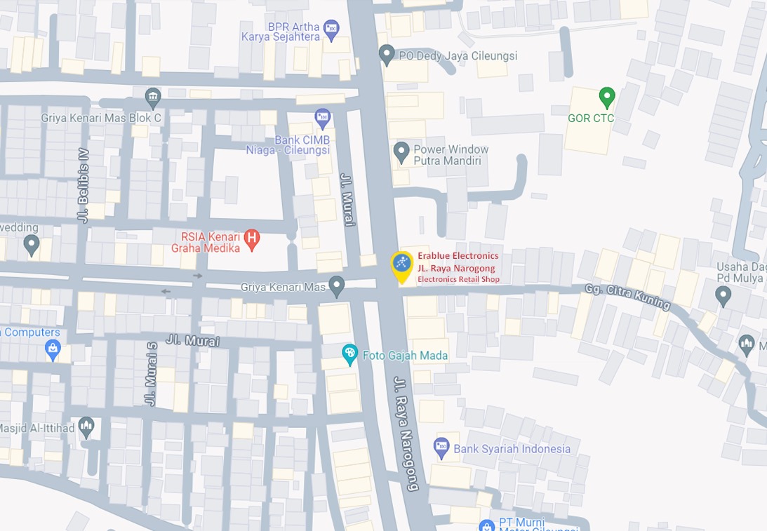 Peta ke toko EraBlue di  Jl. Raya Narogong perumahan griya kenari mas No.Depan, Cileungsi Kidul, Kec. Cileungsi, Kabupaten Bogor, Jawa Barat 16810