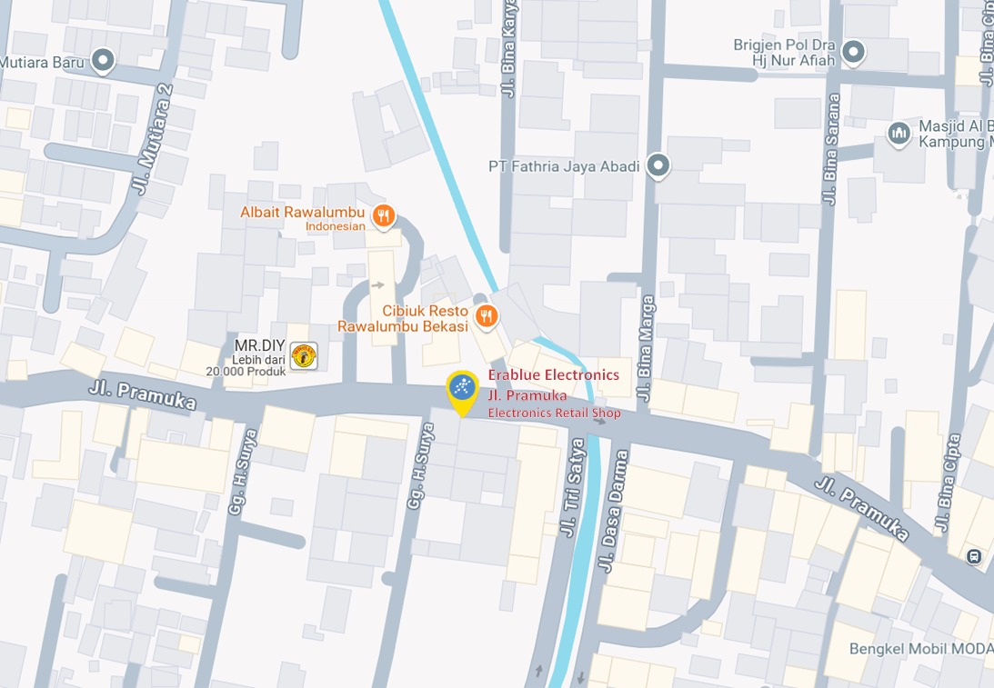 Peta ke toko EraBlue di  Jl. Pramuka No.38, RT.004/RW.002, Sepanjang Jaya, Kec. Rawalumbu, Kota Bks, Jawa Barat 17114